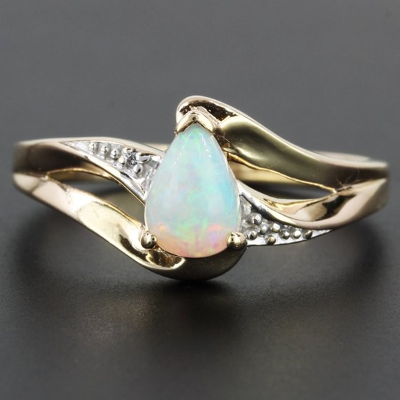 10K Yellow Gold Pear Opal & Diamond Ring - Picture 1 of 7